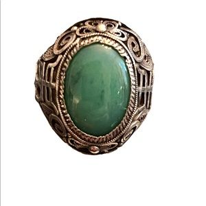 Antique Chinese Sterling silver 925 filagree good luck Jade ring export RARE